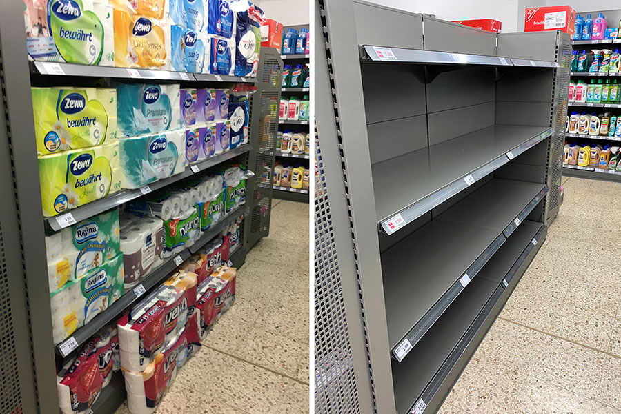 Supermercado en Alemania con y sin papel de baño.