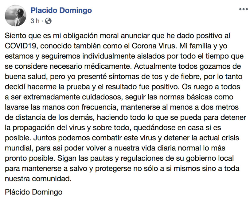 Comunicado de Plácido Domingo por Coronavirus